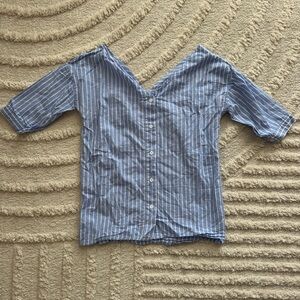 Fashion Nova 100% Cotton Blue Striped Off The Shoulder Button Up Top Size XS